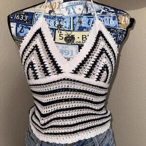 Boho ‘Marine Layer’ festival white and black crochet halter tank top